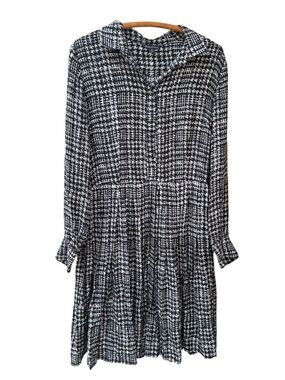 Brooks Brothers Black and White Houndstooth Tiered Long-Sleeve Dress, Size 12